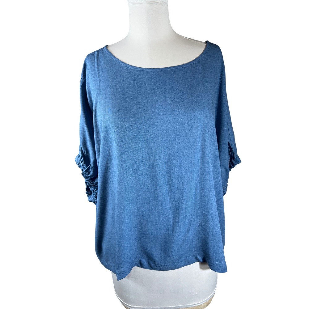 Zenana Dolman Sleeve Ruched Blouse Blue‎ Rayon Boat Neck Boxy Oversized Medium
